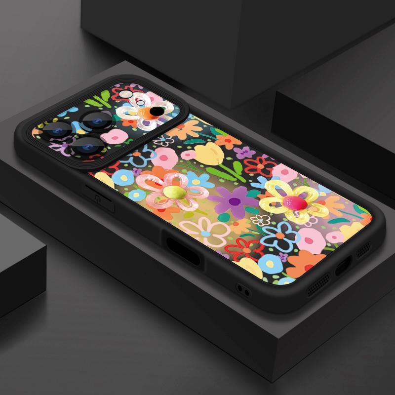 Handyhülle mit Cartoon-Blumen-Print für iPhone 17 Pro Max Air 16 15 Pro Max 14 13 12 Pro Max 11 Transparente Weiche TPU-Rückseite iPhone 13 Pro Max schwarz