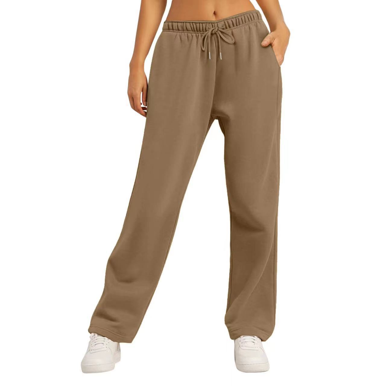 Damen-Winter-Jogginghose, einfarbig, Freizeithose, Damen-Fleece-Jogginghose, weites Bein, gerade Hose L kaffeebraun