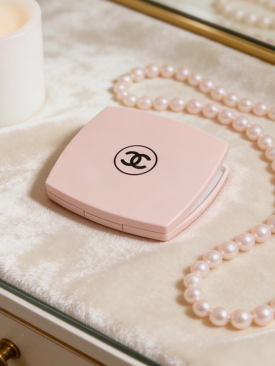 CHANEL Rosa CC Logo Doppelseitiger Kosmetikspiegel, Tragbarer Faltbarer Kompaktspiegel, Luxusmarke Schönheitsaccessoire rosa