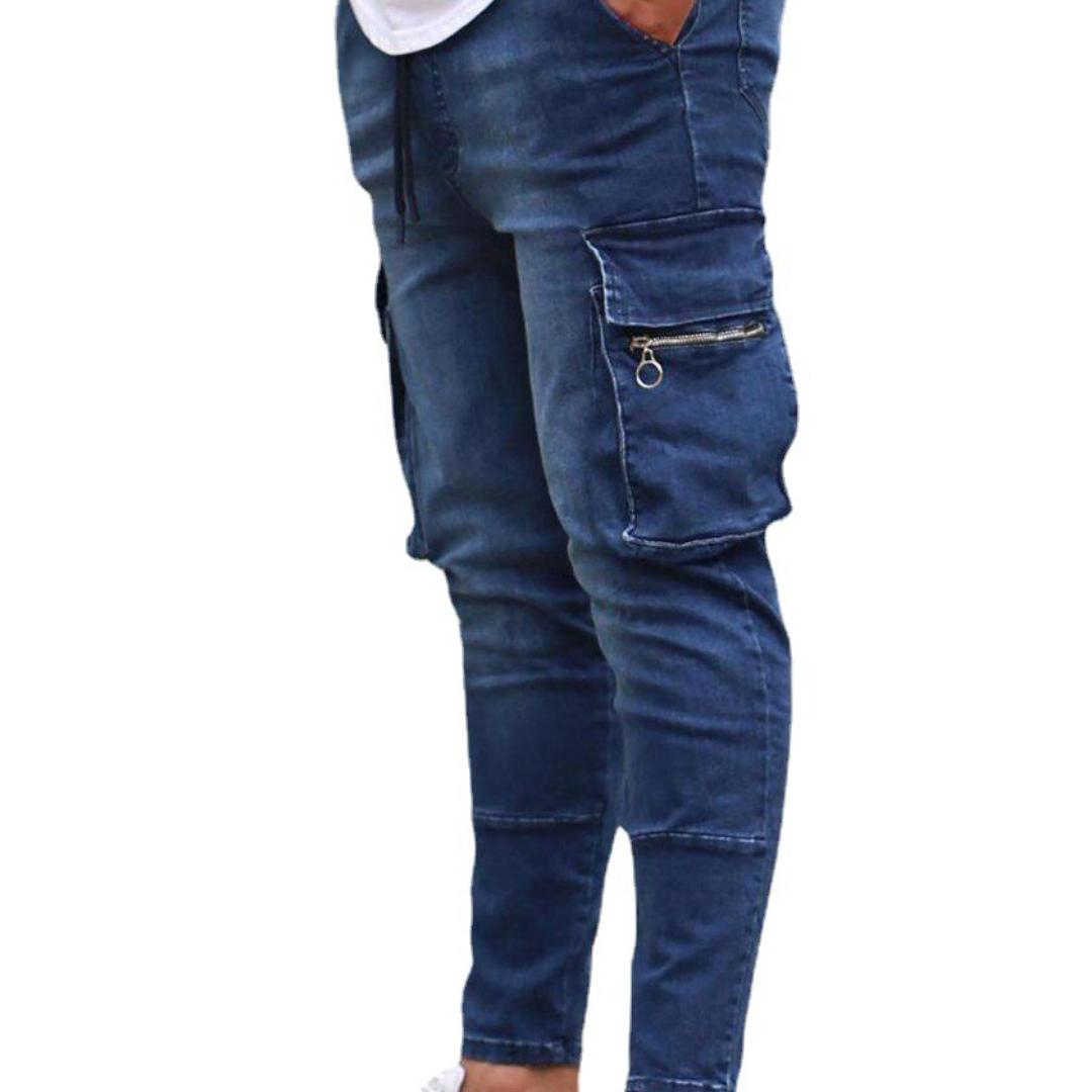 Herren-Jeans mit mehreren Taschen, Stretch, Reißverschluss, Dekoration, Arbeitskleidung, Jeans, Neu XL