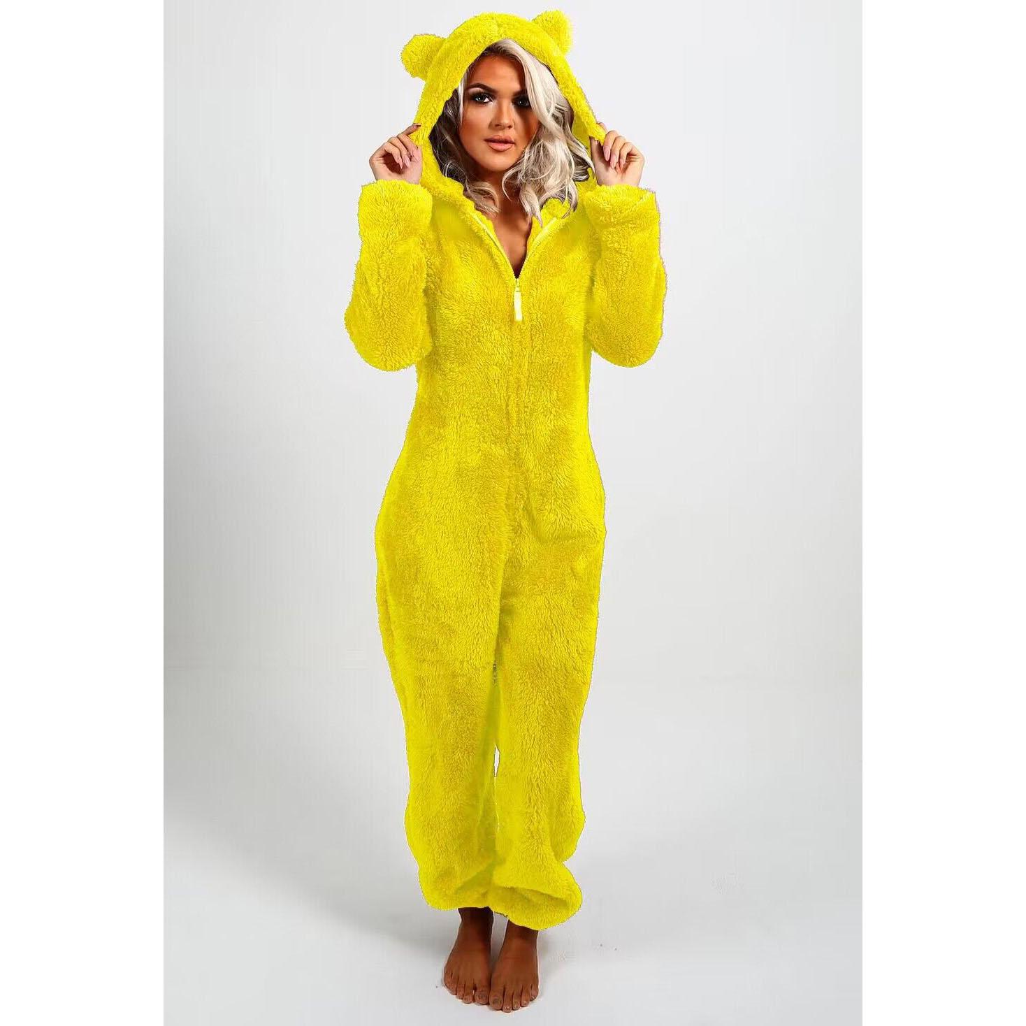 Modischer Onesies-Schlafanzug aus Fleece, Nachtwäsche, Overall, Übergröße, Kapuzen-Set, Schlafanzug für Damen und Erwachsene, für den Winter, warmer Pyjama für Damen XL gelb