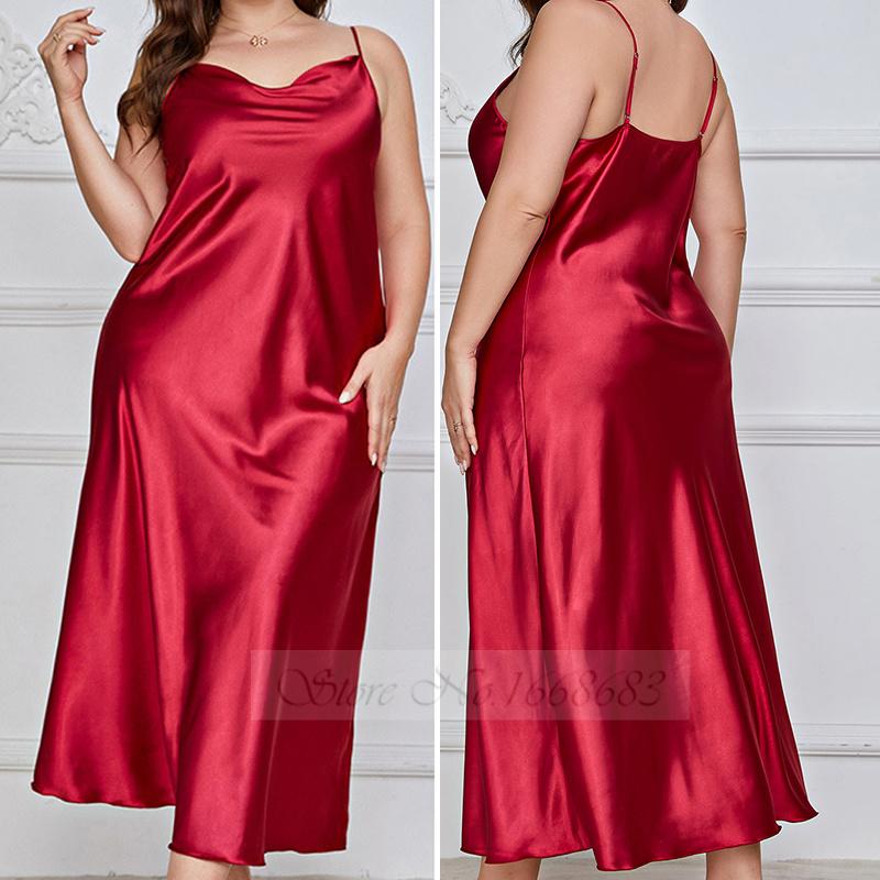Pyjamas, Nachthemd mit Hosenträgern für Damen, Intime Unterwäsche, Sexy Pyjamas mit Hosenträgern, Unterwäsche, Lockere Hauskleidung aus Satin 5XL red