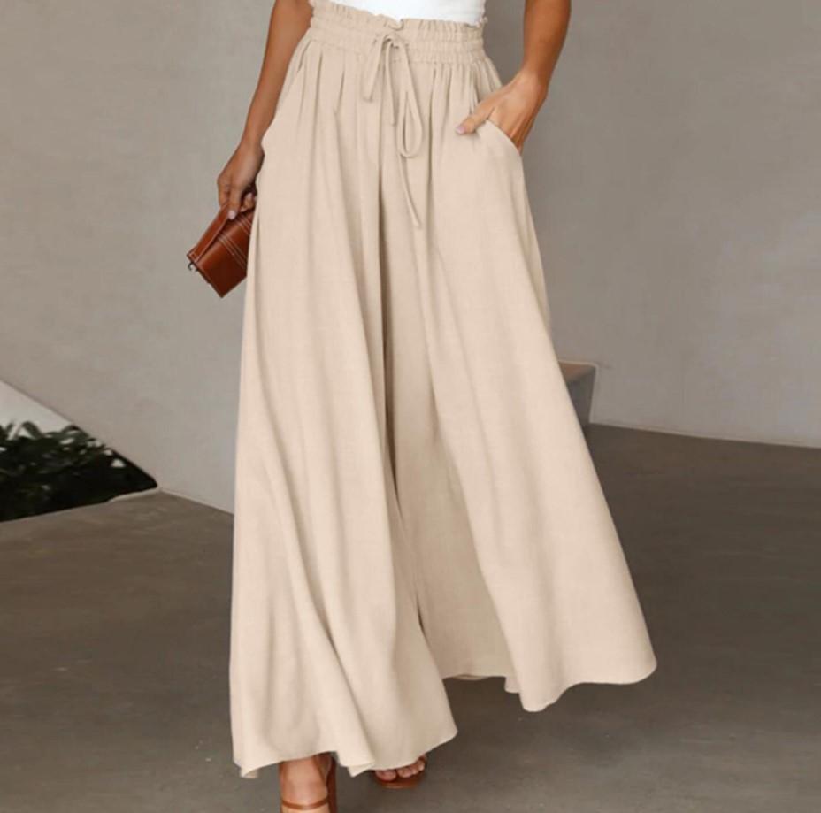 Damen Weitbeinige Hosen Sommer Culottes Elastischer Hoher Bund Fließende Palazzo-Hosen Locker Ausgestellte Hosen mit Taschen S apricot