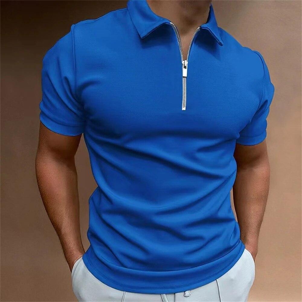 Einfaches Poloshirt für Herren, solide Golfkleidung, täglich lässig, hochwertige Poloshirts mit Reißverschluss, Sommer, atmungsaktiv, schnell trocknend, Herrenbekleidung M blau