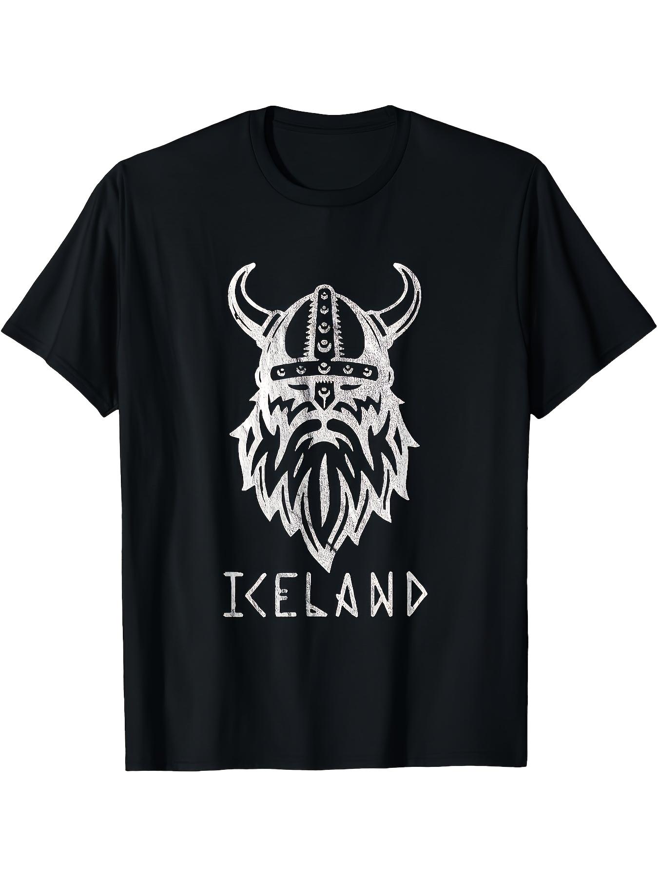 S Wikinger Island Nordischer Krieger Unisex T-Shirt - Schwarz Weiß Wikinger Gehörnter Helm Rune Island Karte Druck, Kräftiger ICELAND Text, Ganzjahres Freizeit Maschinen 5XL black