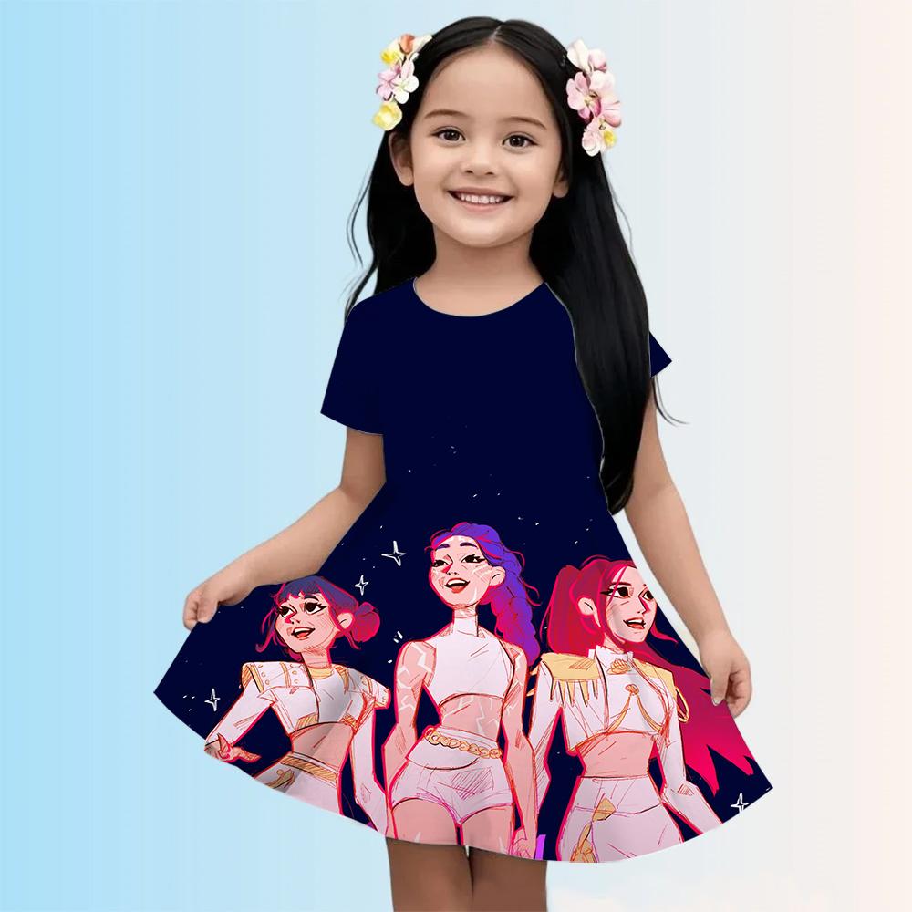 KPop Dämonenjäger Bedruckte Kinder T-Shirt Kleider Mädchen Freizeitkleid Kinder Niedliche Kätzchen Kleidung für 1-10J Sommer Bequem 130