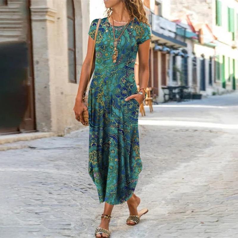 VEZFAA Damenmode Sommer Frühling Blumenmuster Druck Kurzarm O-Ausschnitt Mittlere Taille Freizeitkleider XXXL grün