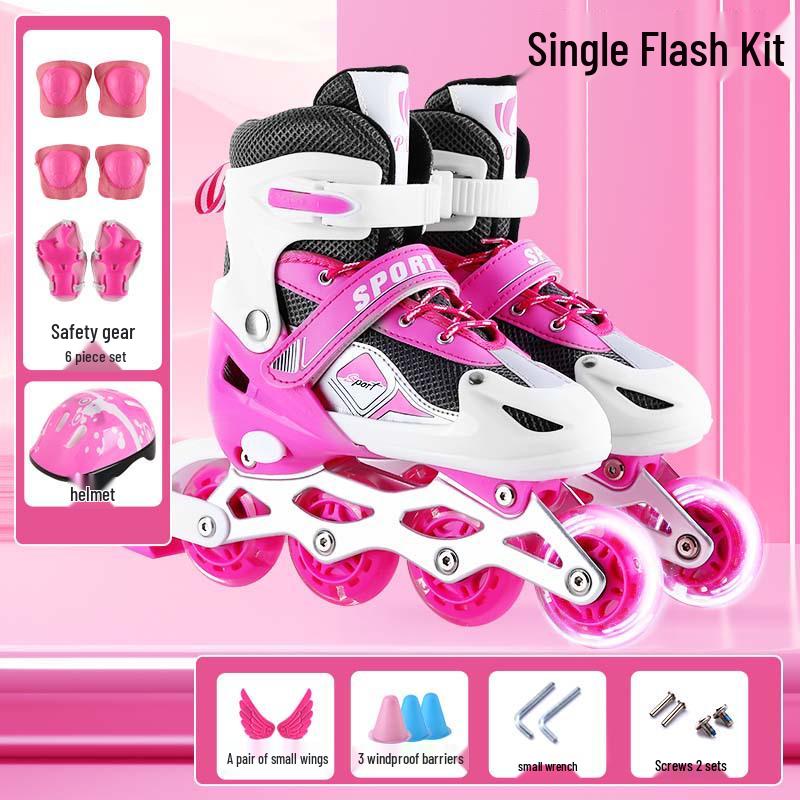 Verstellbares Kinder-Inline-Skates-Set mit PVC-Blinkrollen, Helm und Schutzausrüstung Adjustable Large (Fits Size 37-41) rosa