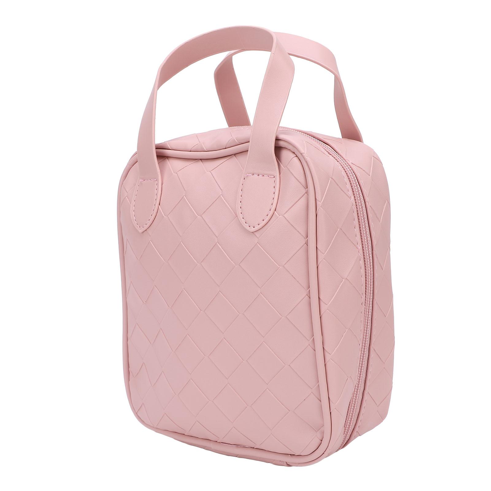 Reise Make-up Tasche PU Leder Wasserabweisend Einteiler Gewebter Tragbarer Griff Reise Kosmetiktasche Rosa
