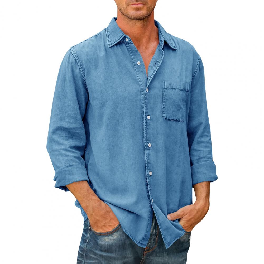 Herren Vintage Hemd Langarm Revers Bluse Atmungsaktiv Lockere Passform Einreihiges Hemd Bequem Lässig Einfarbig Oberteile 4XL blau