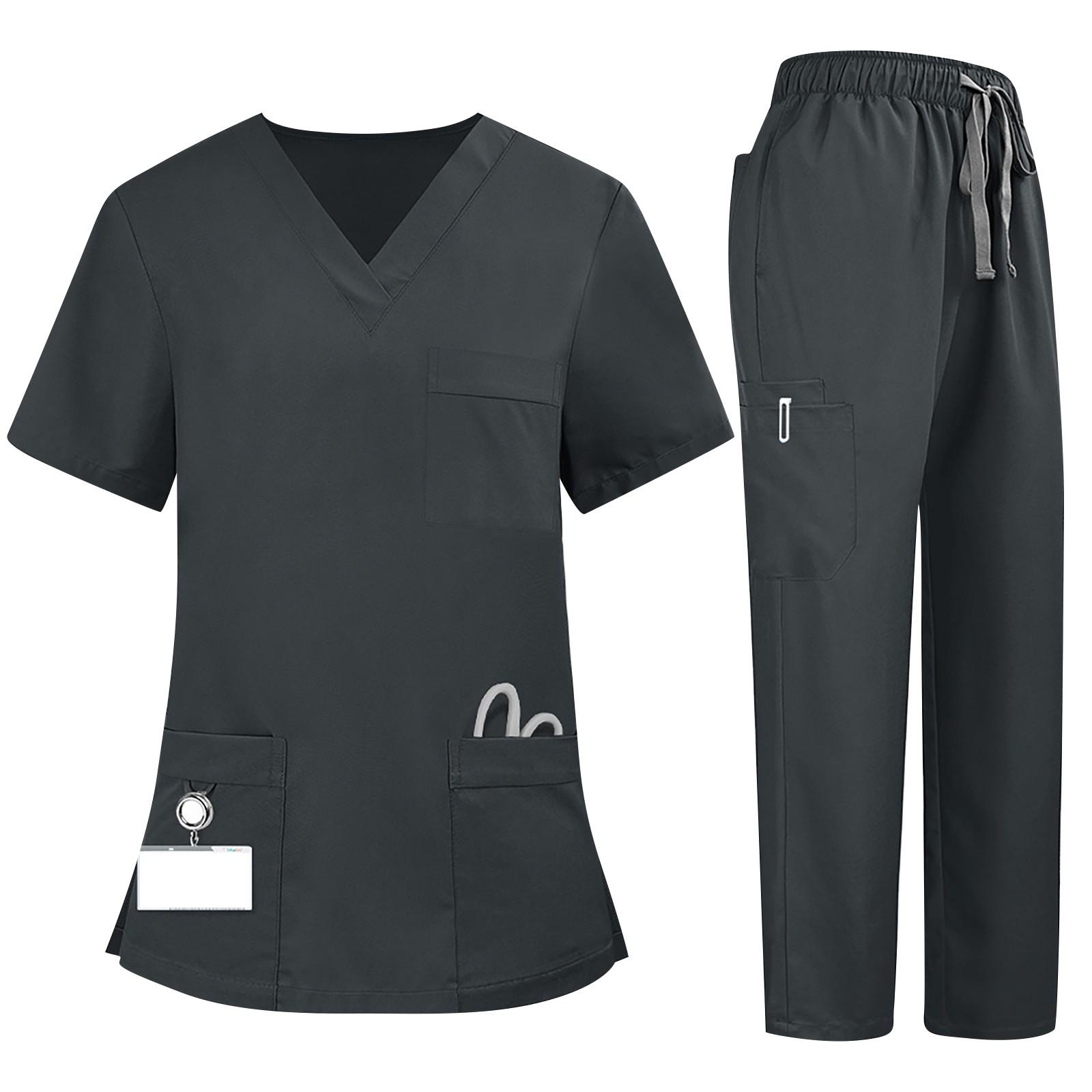 Soild Scrub Arbeitsuniform Anzug für Damen Kreuz V-Ausschnitt Kurzarm Fun T-Shirts Arbeitskleidung T-Shirt mit Taschen M