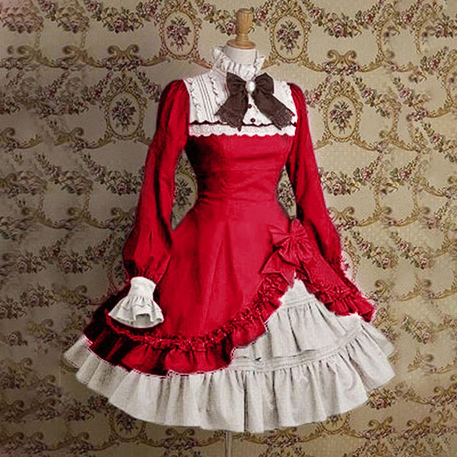 Dame Frauen Spitze Langarm Bowtie Cosplay Kostüme Party Kleid Mit Schleife Gothic XL rot