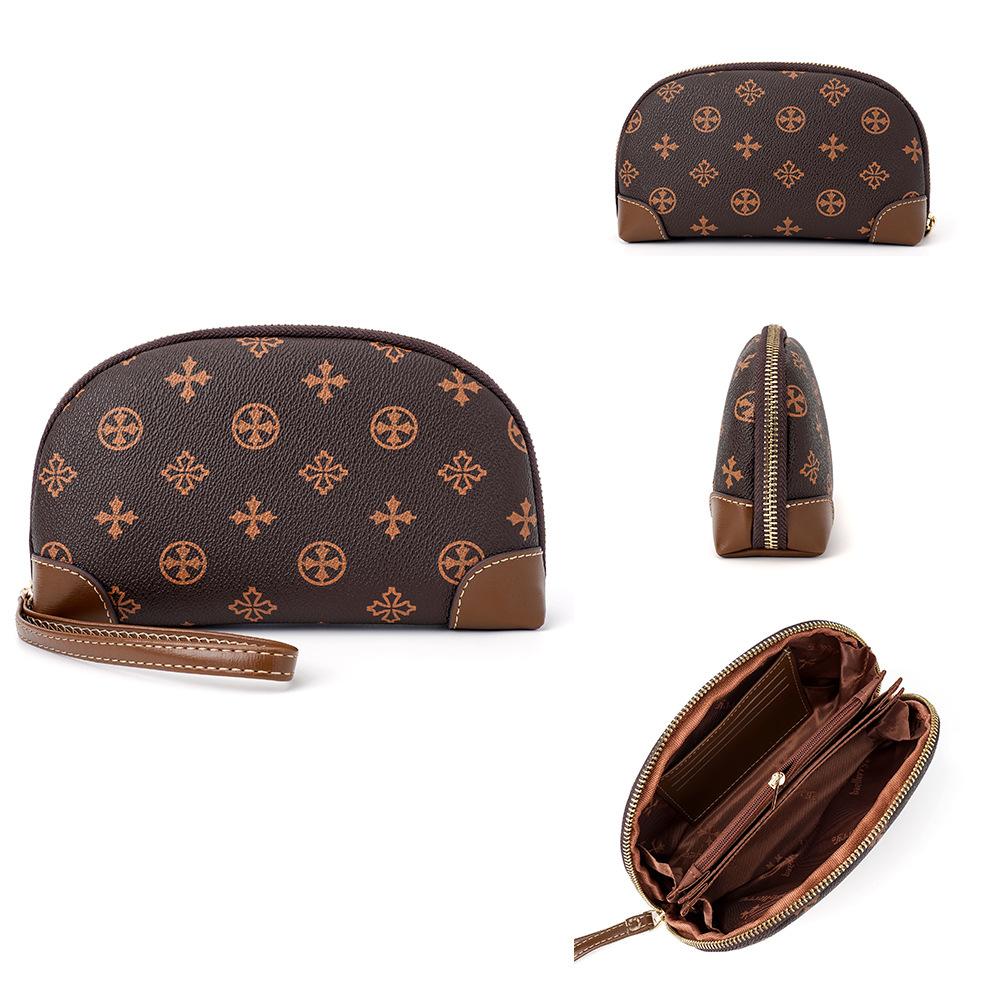 Damen-Geldbörse mit Monogramm und Karomuster, Geldbörse im europäischen und amerikanischen Stil, Vintage-Geldbörse aus Pu-Leder, Aufbewahrungstasche mit Reißverschluss und Umhängeband dunkelbraune