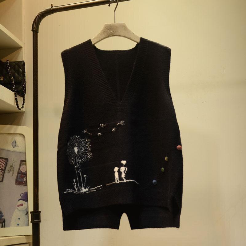 Gestickte V-ausschnitt Strick Pullover Weste Femal Cartoon-Muster Rüschen Lose Ärmellose Bodenbildung Pullover Pullover Weste Frauen 2021 One Size schwarz