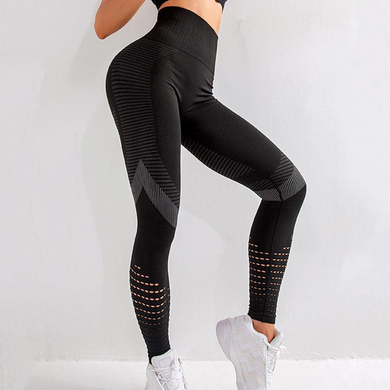 Frauen Hohl Yoga Hosen Hohe Taille Enge Hüfte Nahtlose Yoga Hosen Frauen Pfirsich Hüften Sport Freizeit Laufen Gym Hosen M schwarz