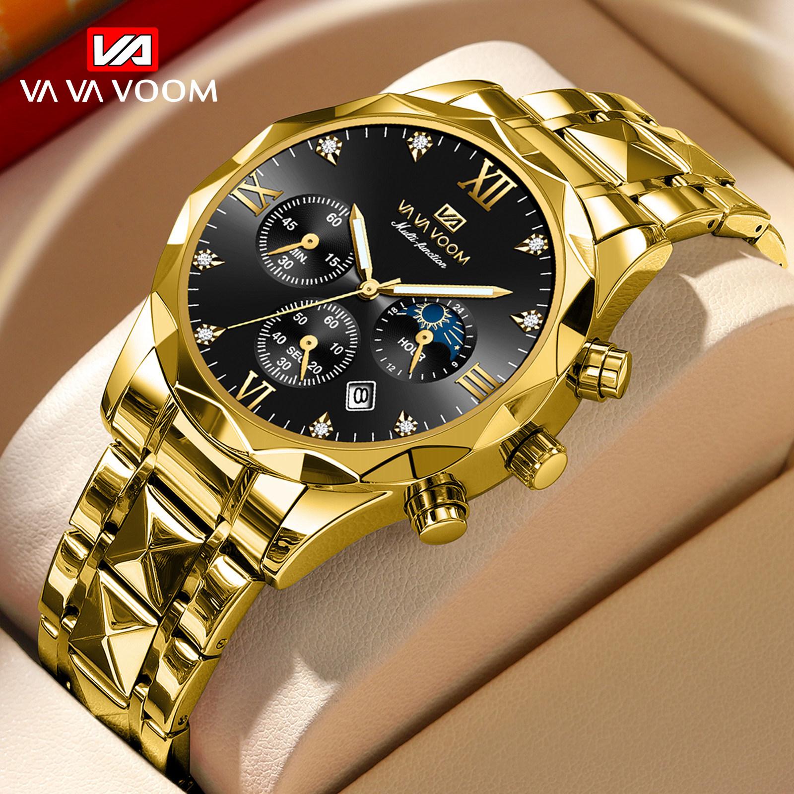 VA VA VOOM Quarzuhr Männer Top Marke Hohe Qualität Edelstahl 30M Wasserdicht Leucht Datum Woche Sport Business armbanduhren schwarz/gold