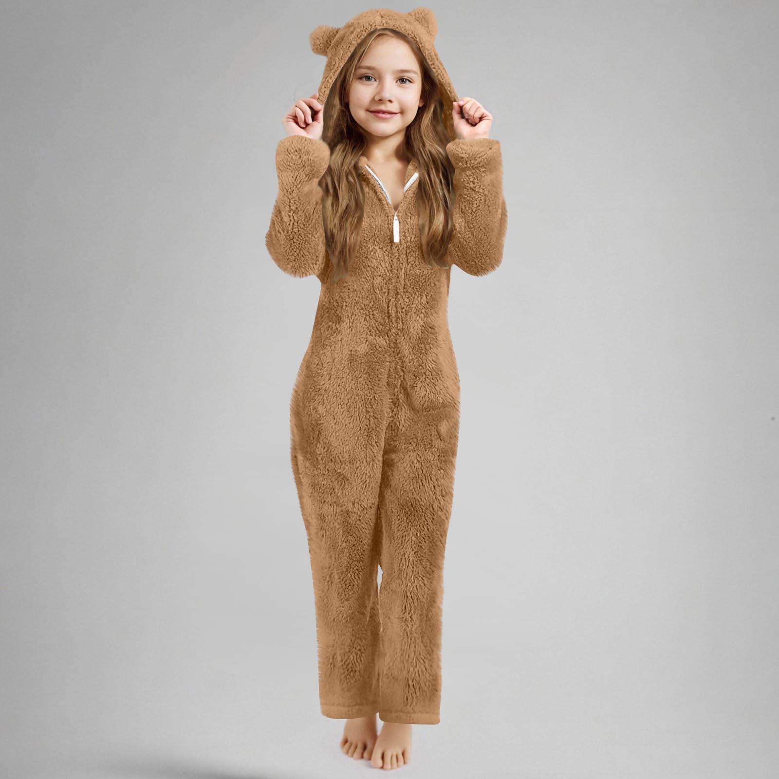 Kinder Jungen und Mädchen Einfarbig Kapuze Langarm Reißverschluss Plüsch Warm Kinderbekleidung Jumpsuit 150 khaki
