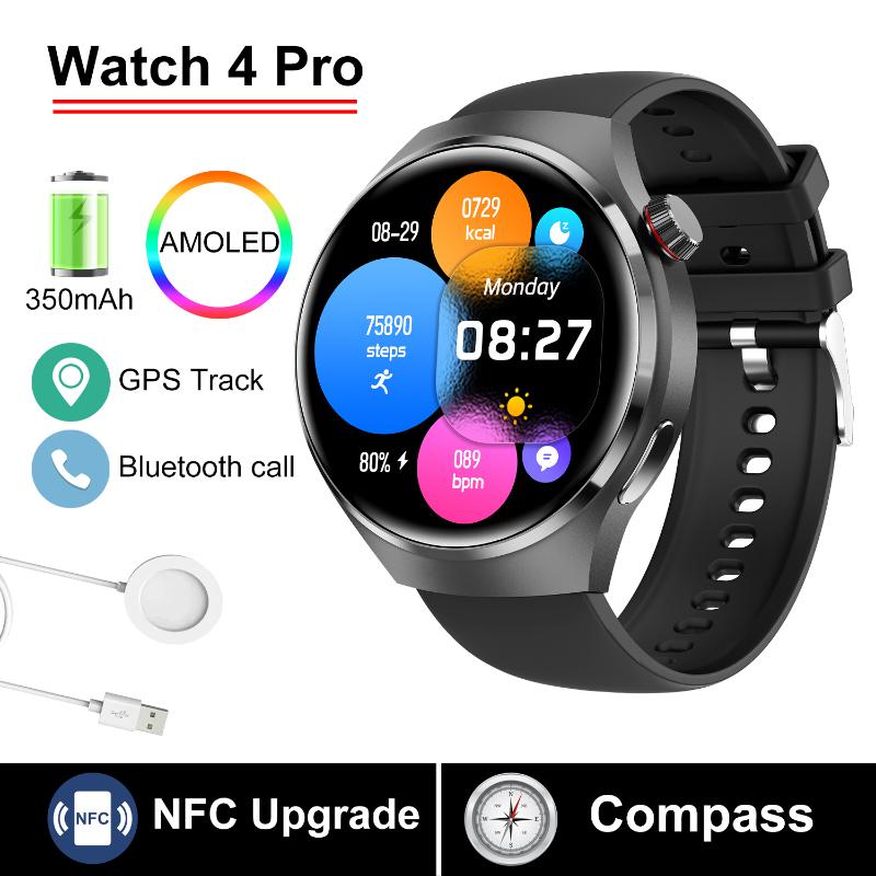2025 Neue WATCH 4 Pro Gesundheits-Smartwatch Herren 360*360 AMOLED-Bildschirm NFC GPS-Tracker Kompass BT-Anruf Blutsauerstoff IP68 Sport-Smartwatch Silicone belt schwarz