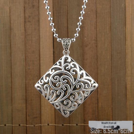 Retro-Halskette mit silbernem Friedensschloss-Anhänger – vierseitige, reiche Damen-Pulloverkette im nationalen Stil Wealth from all directions