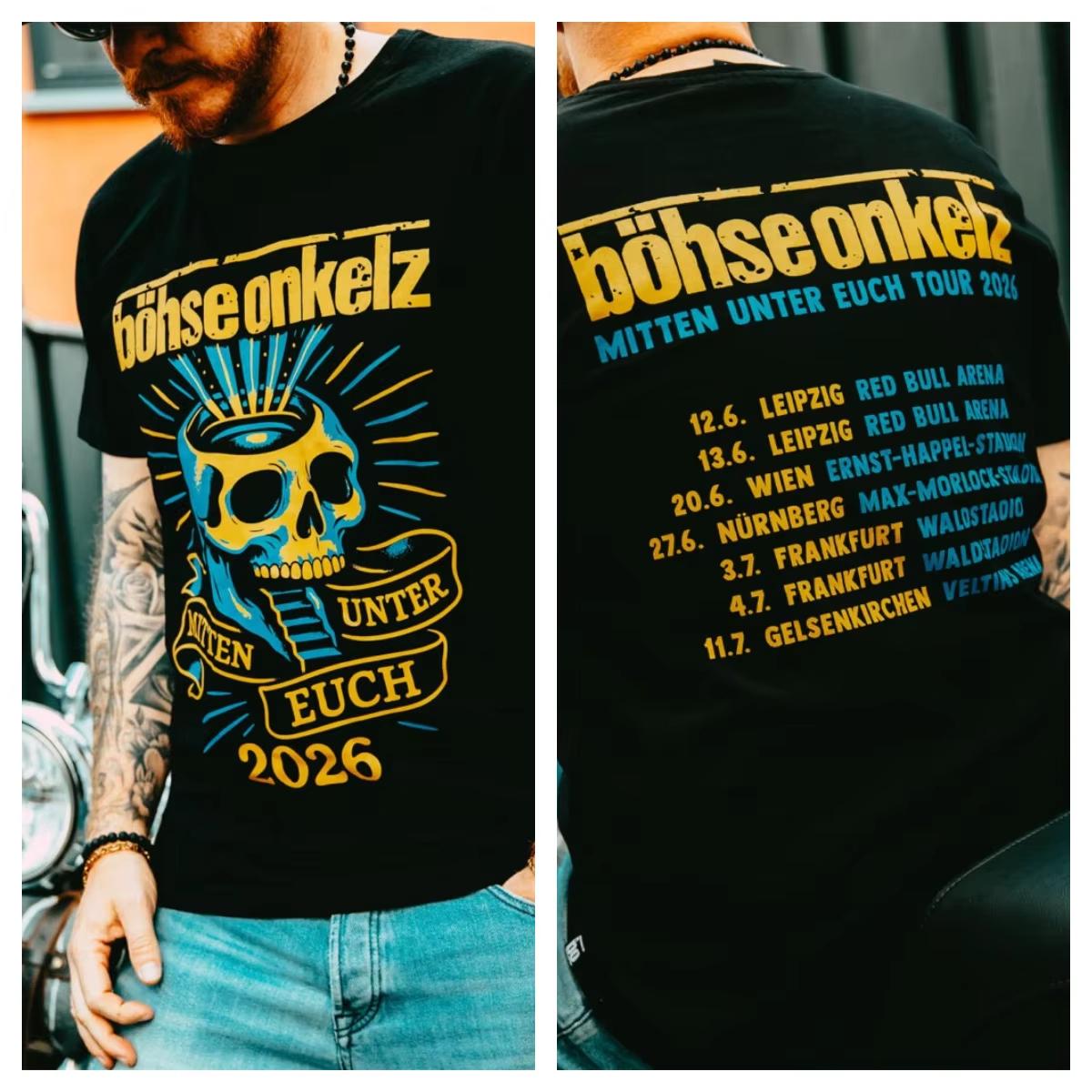 Unisex Böhse Onkelz Mitten Unter Euch 2026 Tour Totenkopf Druck Schwarz Kurzarm Herren und Damen T-Shirt L
