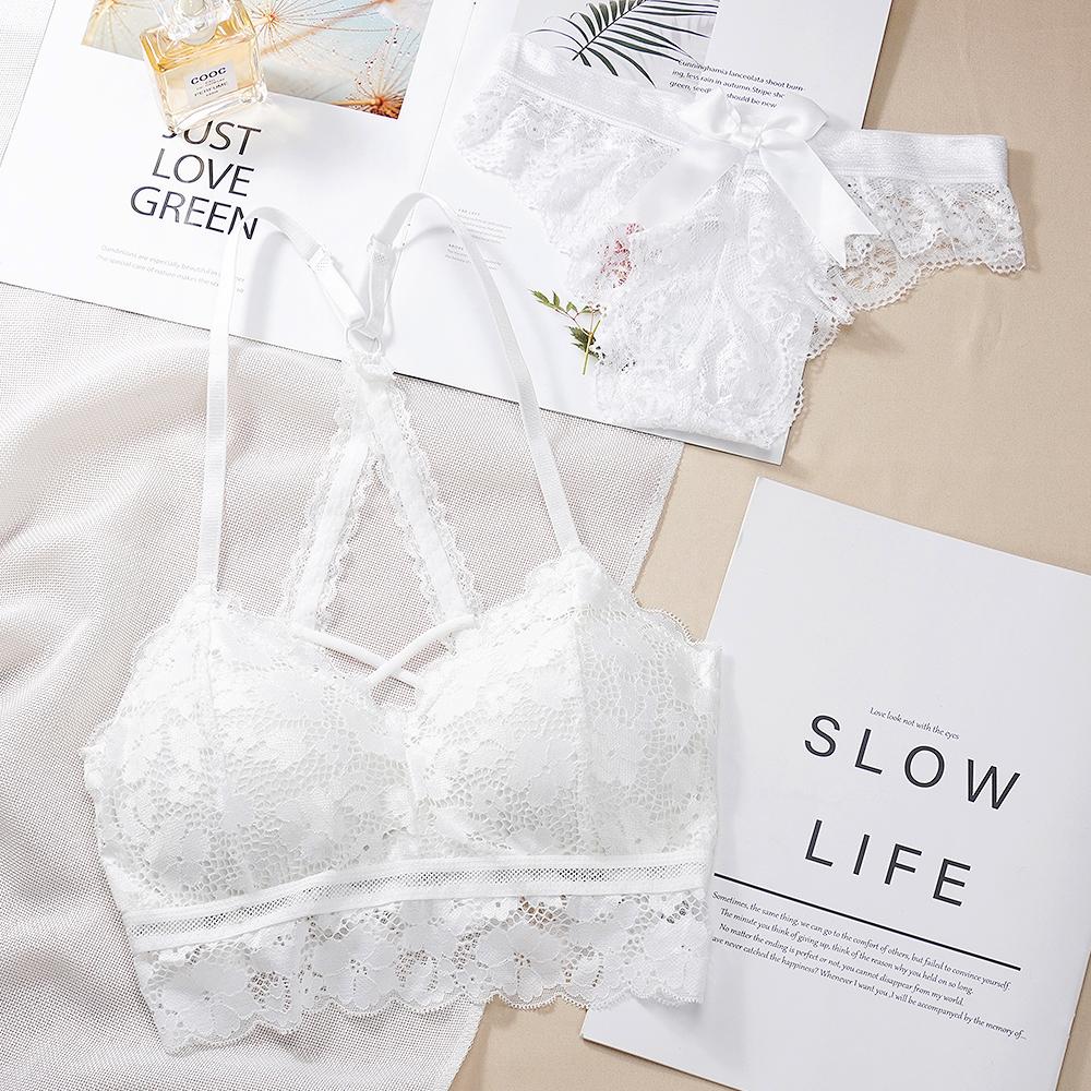 Damen-Unterwäsche-Set, sexy Schönheits-Rücken-BH, Spitze, hohles Spitzen-Set, Y-Rücken-BH, Slip-Sets, Dessous-Sets, drahtfreies Dessous-Set M/36 weiß