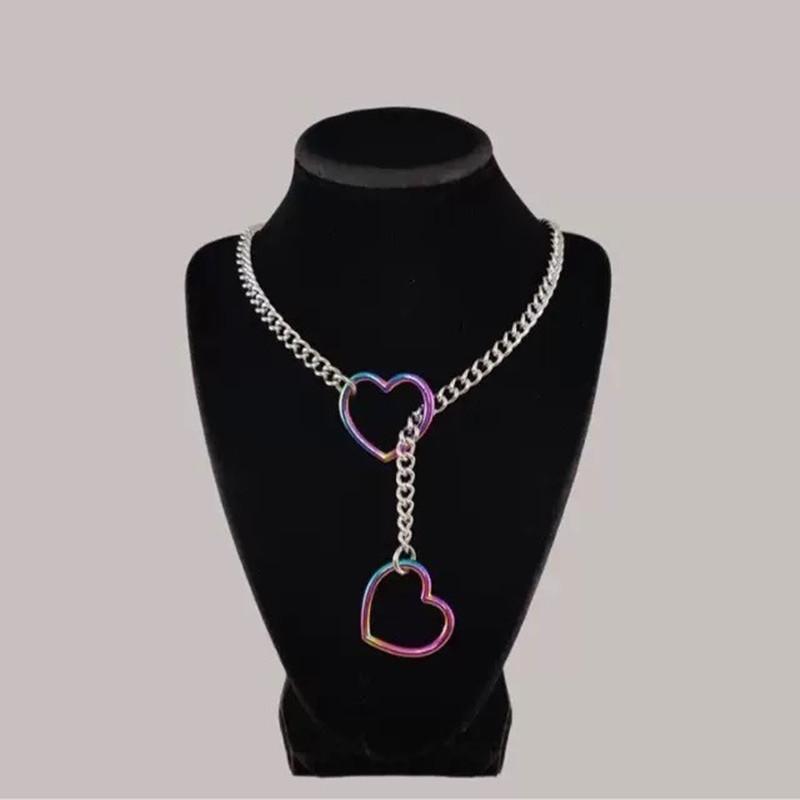 Cosplay Herz Gliederkette Punk Rock Halskette Edelstahl Kubanische Lange Halskette Trendig Schlicht Verstellbare Y-Halskette gray