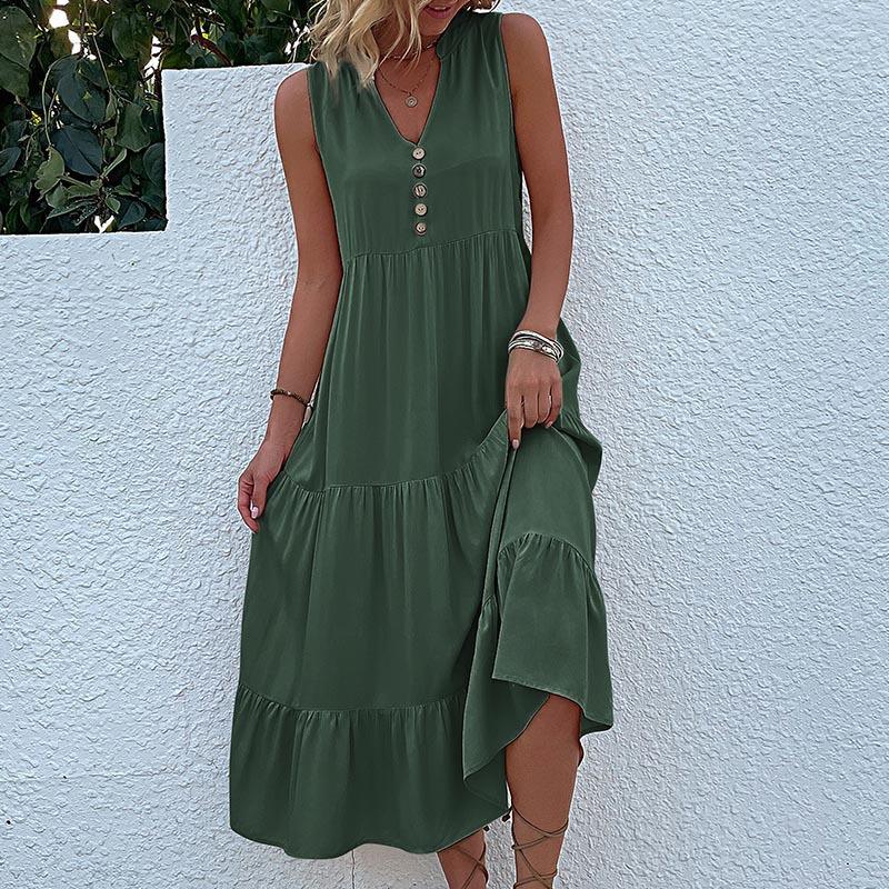 Sommer Damen Tank Top Kleid Ärmellos Plissee Kleider Lose V-Ausschnitt Midi Kleider L grün