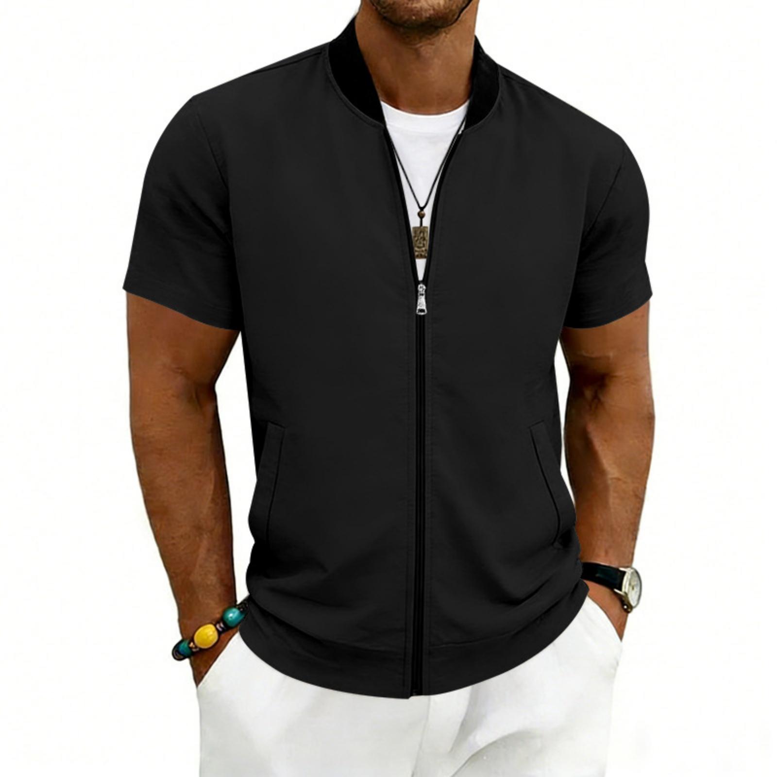 Herren Kurzarm Jacke mit Reißverschluss Lässige Leichte Sommer Jacke mit Rippkragen und Taschen XXXL schwarz