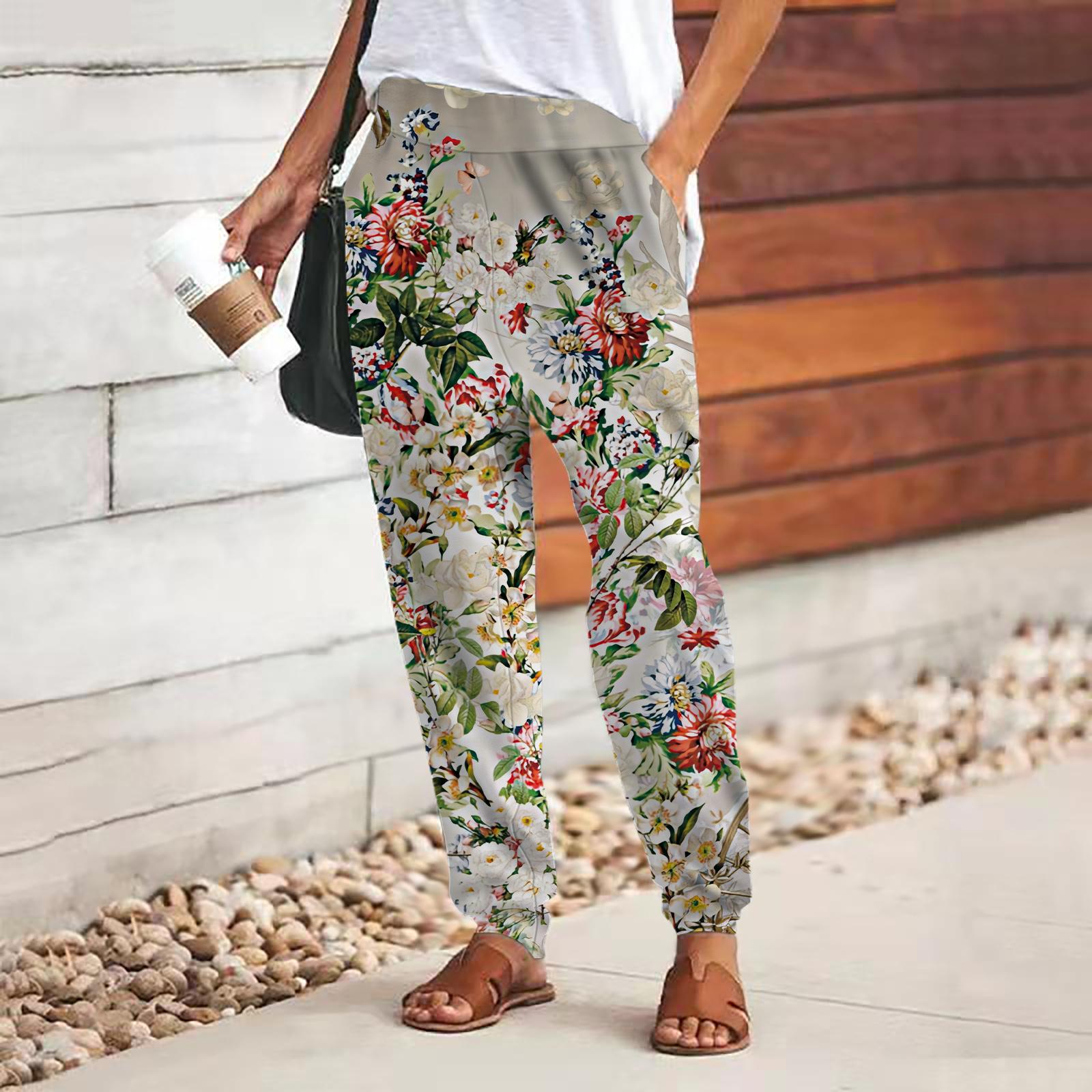 Damenhose mit 3D-Rosa-Kristall-Rosen-Print, Schnürung, elastische Taille, lockere Hose, lässige lange Hose, Hose mit Taschen 4XL beige