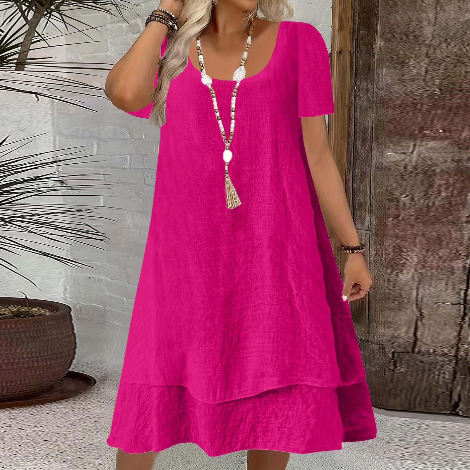 Damen Sommerkleider Kurzarm Rundhals Locker Sonnenkleider M heißes rosa