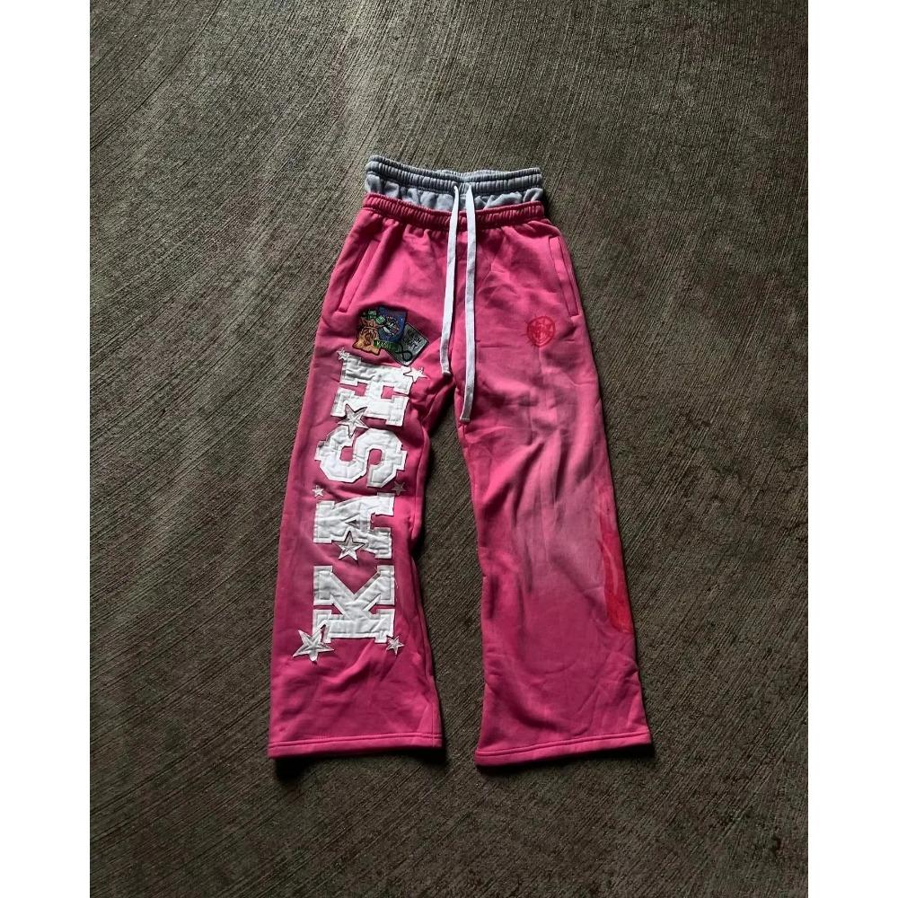 LUXEON Amerikanischer Buchstaben-Aufnäher Retro Doppel-Lagen-Design Y2K Hosen Baggy Jogginghosen Herren Hip Hop Gothic Elastischer Bund Jogging Freizeit Hosen M