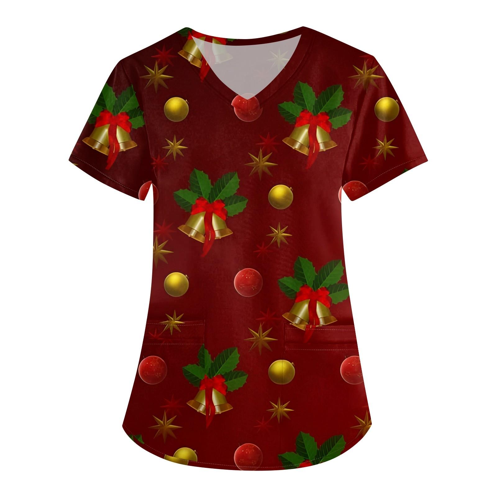 Damenmode V-Ausschnitt Kurzarm Arbeitskleidung mit Tasche Weihnachtsdruck Top S weinrot