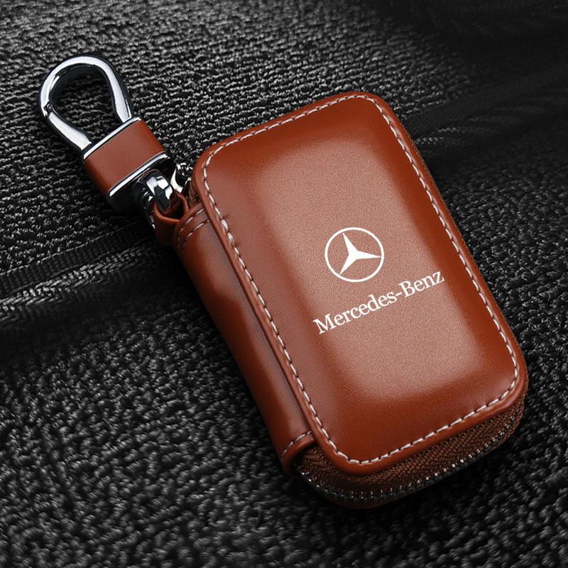 Leder Emblem Autoschlüsseletui Schlüsselanhänger Reißverschluss Schlüsseletui Tasche Autozubehör Für Mercedes-Benz AMG C500 C200 C300 A B C E GLA CLA GLK GL ML GLE W204 W205 benz braun