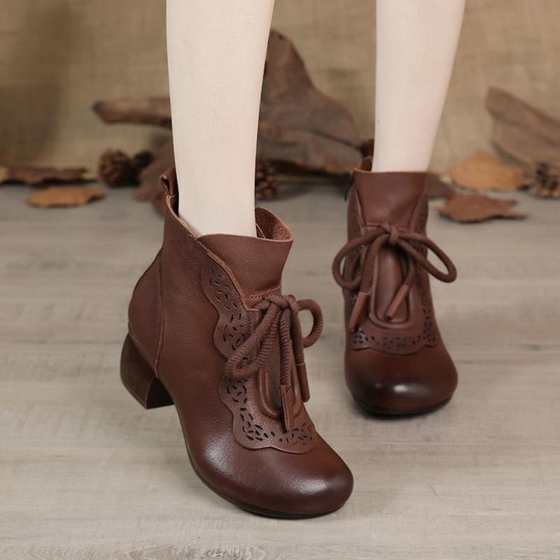 Schuhe im neuen Stil Retro Mama Stiefeletten Damen Rundzehen Mittelhoch Absatz Rutschfest Weichsohlige Stiefeletten 38 braun