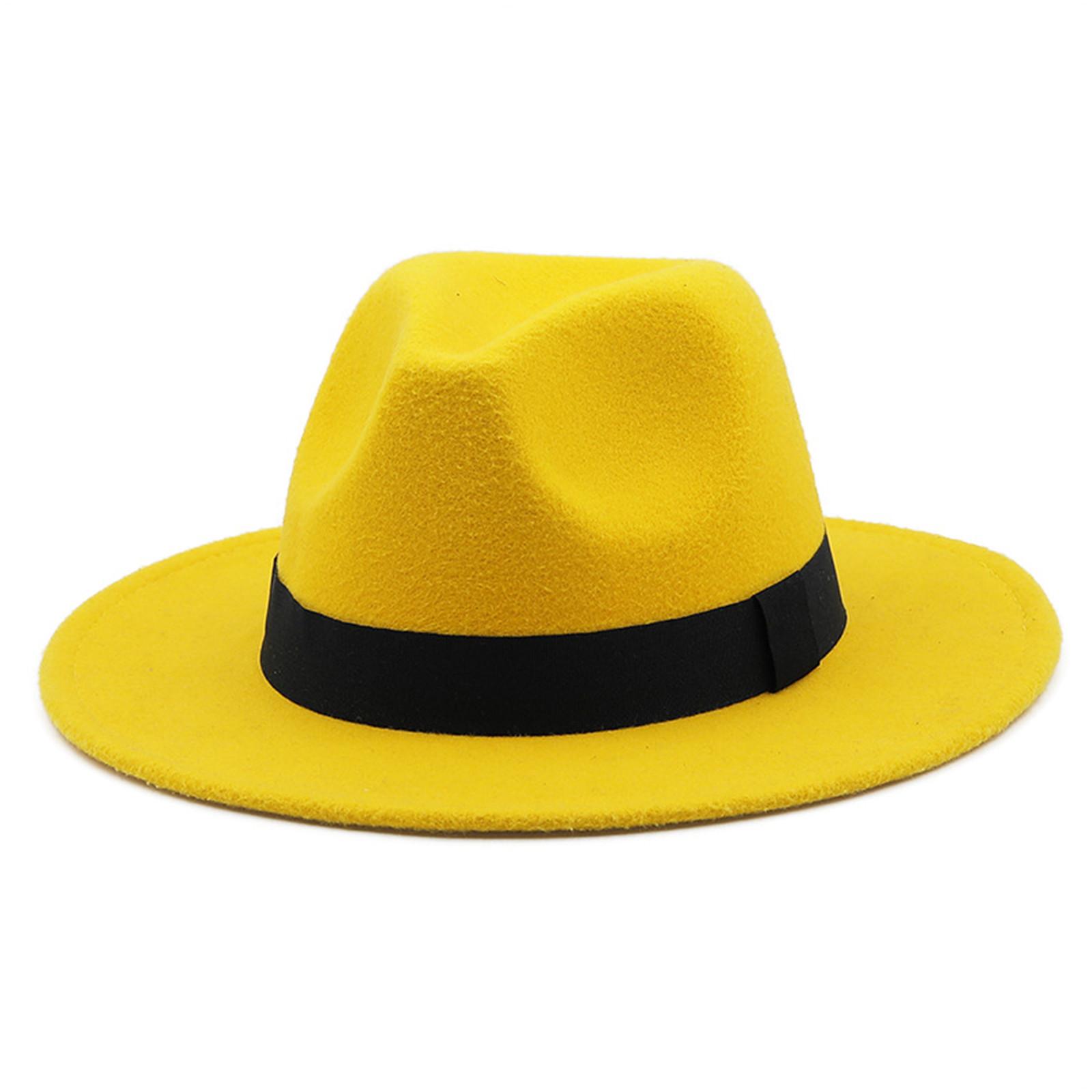 Jazzhut, Zylinder, 3 Nieten-Accessoires, einfarbiger Zylinder, breite Wollmütze für Herren und Damen, Retro groß One Size gelb