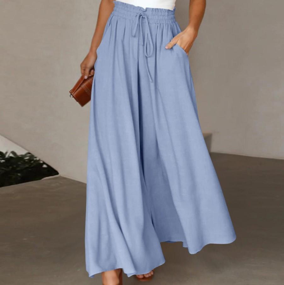 Damen Weitbeinige Hosen Sommer Culottes Elastischer Hoher Bund Fließende Palazzo-Hosen Locker Ausgestellte Hosen mit Taschen L blau