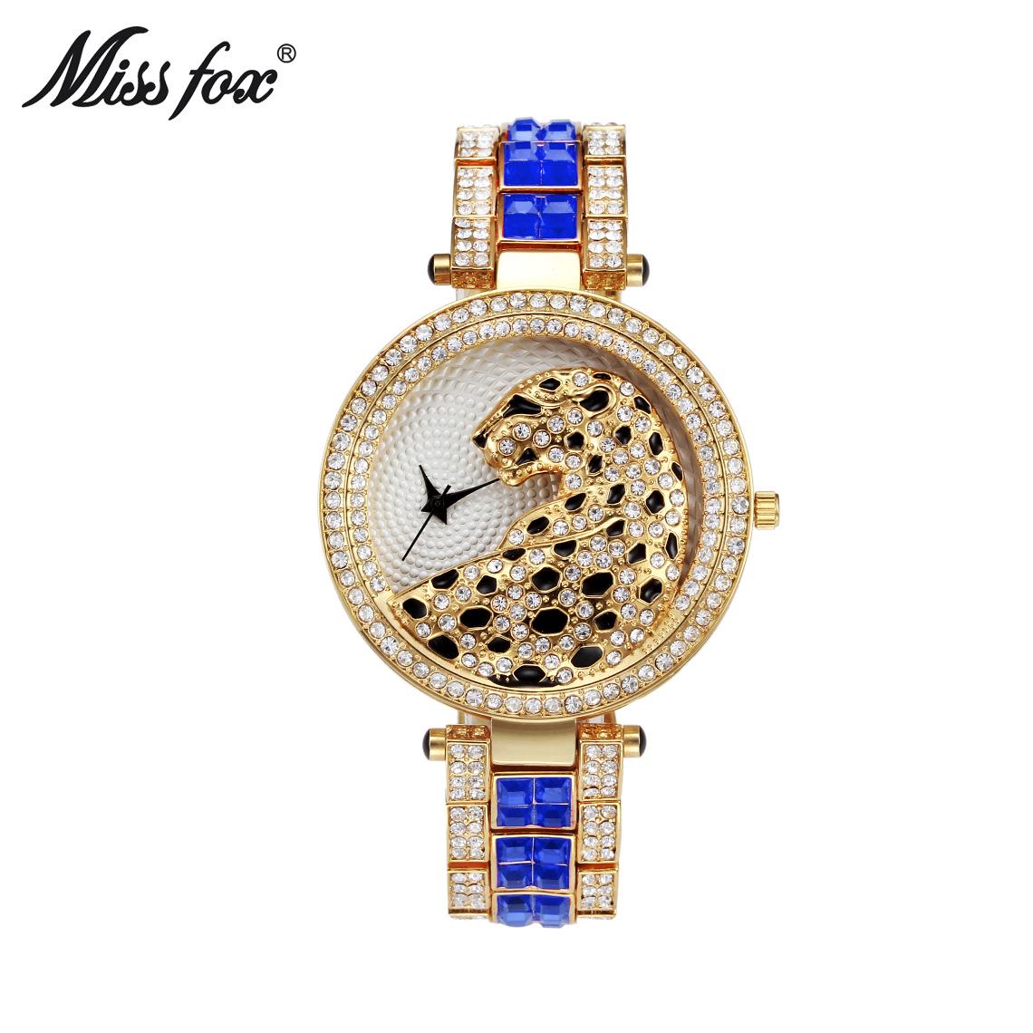 MISSFOX Damen Quarz Uhr Mode Bling Lässige Damenuhr Weibliche Quarz Gold Uhr Kristall Diamant Leopard Für Frauen Uhr gold/blau