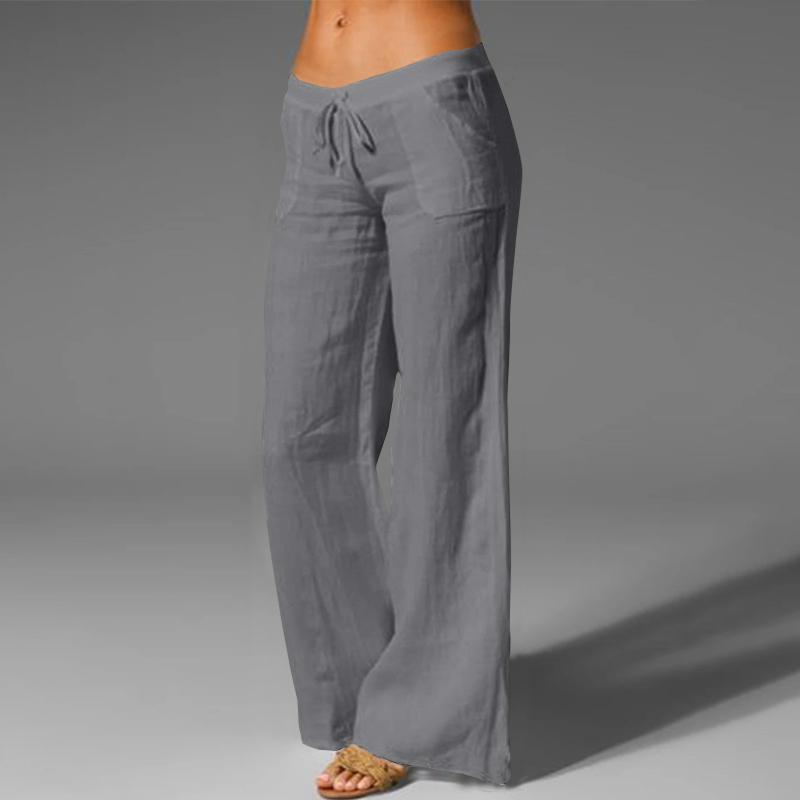 Damen Frühling Sommer Baumwolle Leinen Hose Casual Elastische Taille Weites Bein Hose Mode Weiß Schwarz Hose S grau