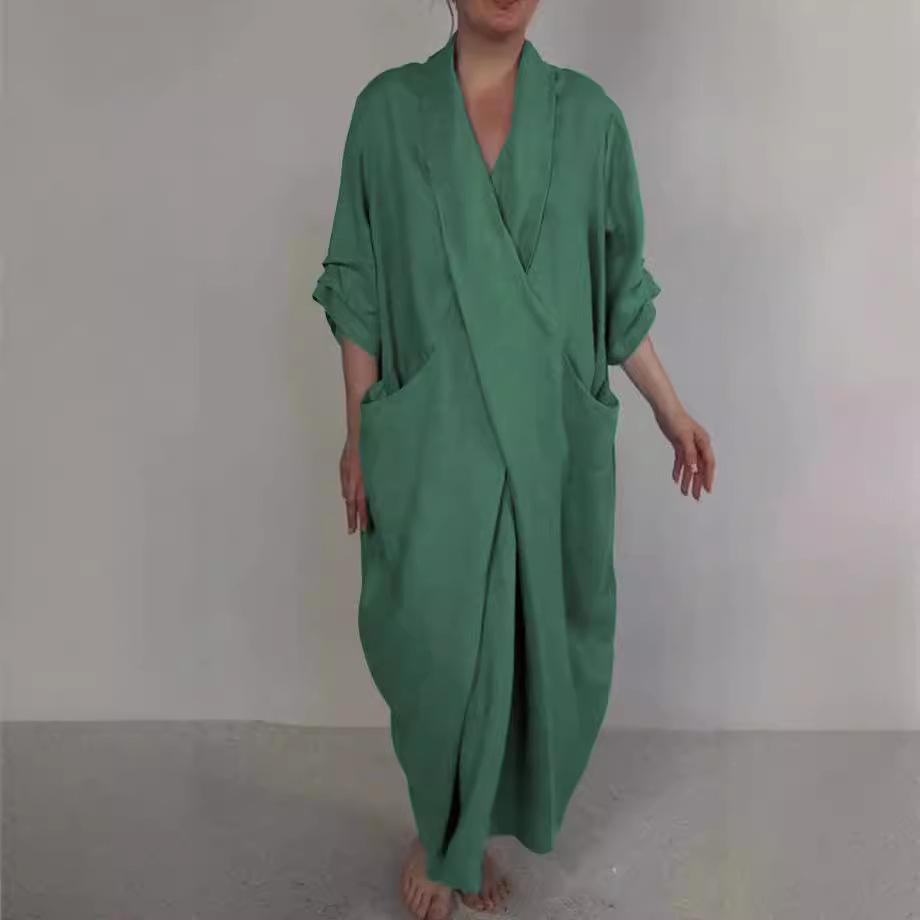 Maxikleid für Frühling und Herbst, Robe, Baggy, Kreuz, V-Ausschnitt, einfarbig, große Tasche, Retro-A-Linie, Bohemian-Maxikleid, lässig, Party, Reisen S grün