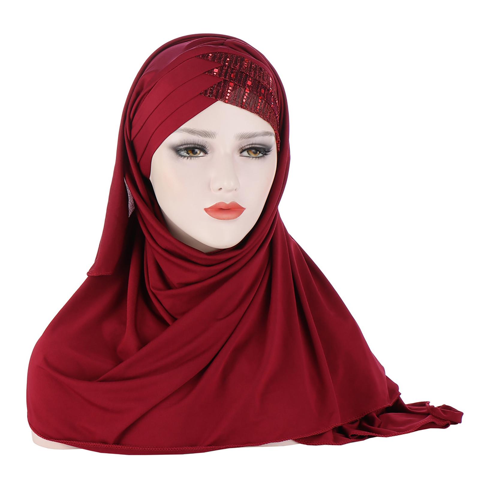 .st Damen Weiche Seide mit Pailletten Hijab Kopftuch Kopftuch Turban Hut Kopfbedeckung wein rot