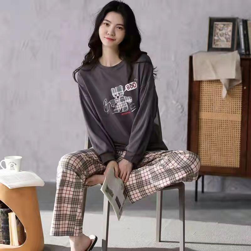 Neuer Winterpyjama, Damen, koreanische Version, langärmelig, Homewear-Anzug, locker, große Größe, zweiteiliger Anzug, kann draußen getragen werden M grau