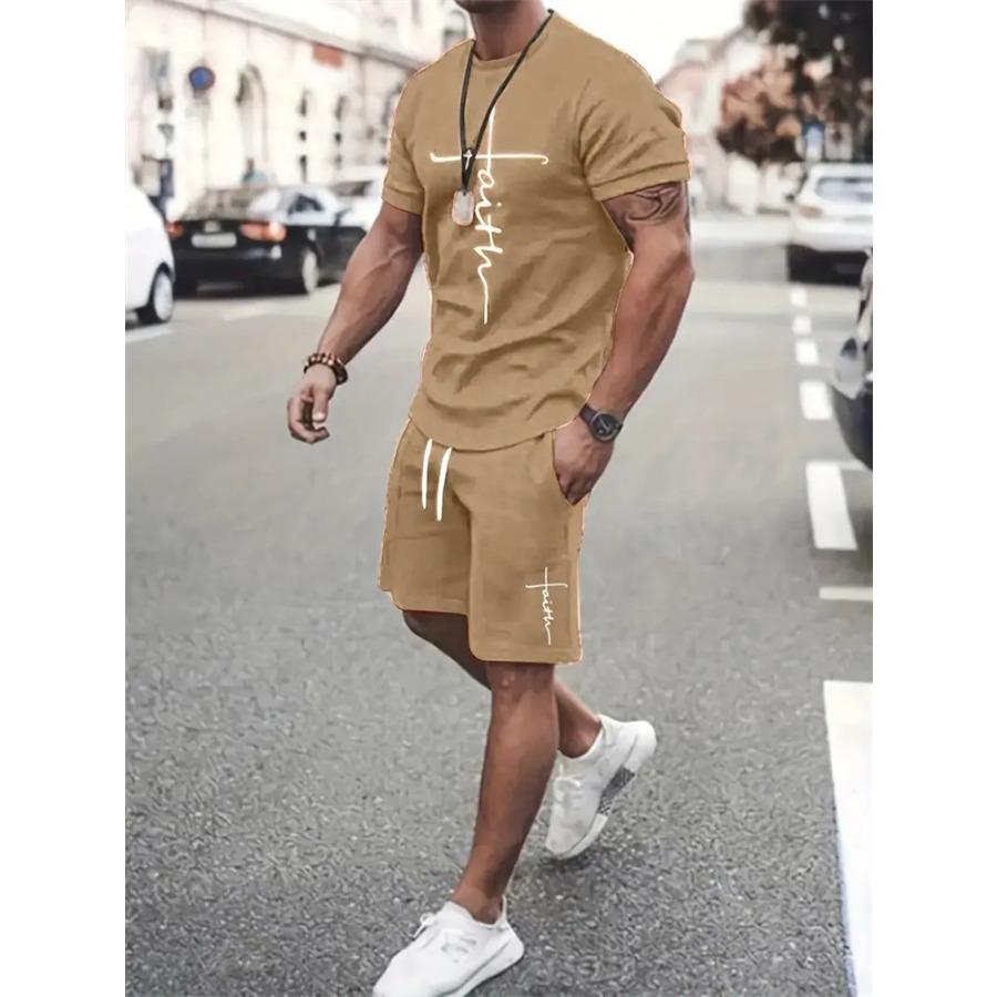 Herren T-Shirt Shorts Set Mode Herren Kreuz Bedruckt Kurzarm Zweiteilig Übergroßer Outdoor Strandsport Herrenanzug Übergröße M gray