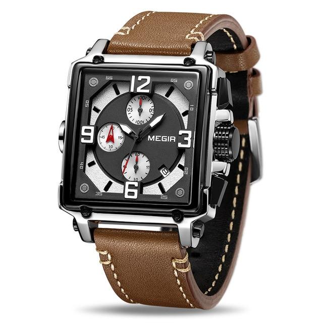 MEGIR Kreative Männer Uhr Top Marke Luxus Chronograph Quarz Uhren Uhr Männer Leder Sport Army Military Armbanduhren Saat 2061 braun