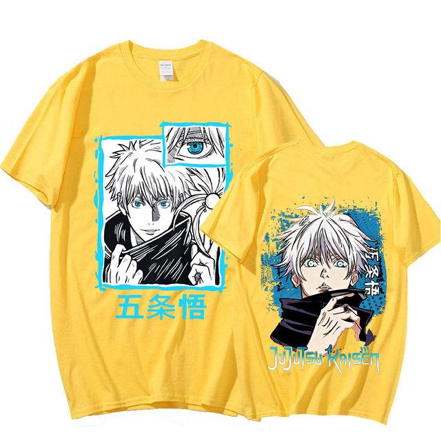 Anime Jujutsu Kaisen Satoru Gojo Grafik Gedruckt T-shirt Männer Frauen Casual Kurzen Ärmeln Baumwolle Sommer T-shirts Übergroßen Gothic Streetwear XS gelb