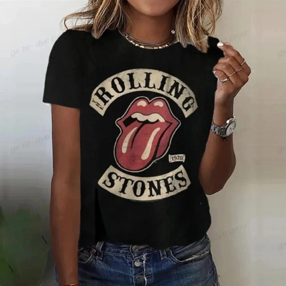 Rolling Stones Harajuku Lustiger Druck Frauen T-Shirt Kurzarm O Hals Rotes T-Shirt Damen T-Shirt Tops Kleidung Camisetas Muje S