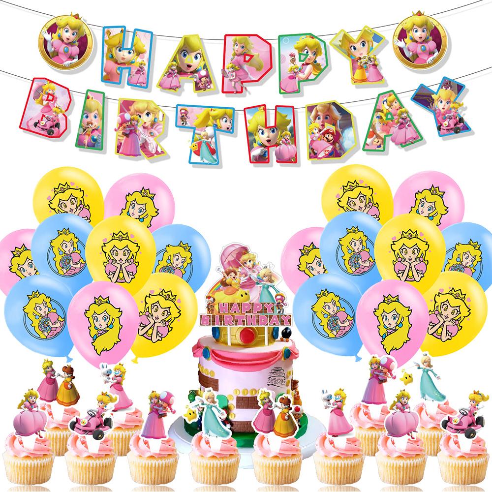32 Stück Prinzessin Peach Geburtstagsparty Zubehör Enthält Banner Kuchenaufsatz Luftballon