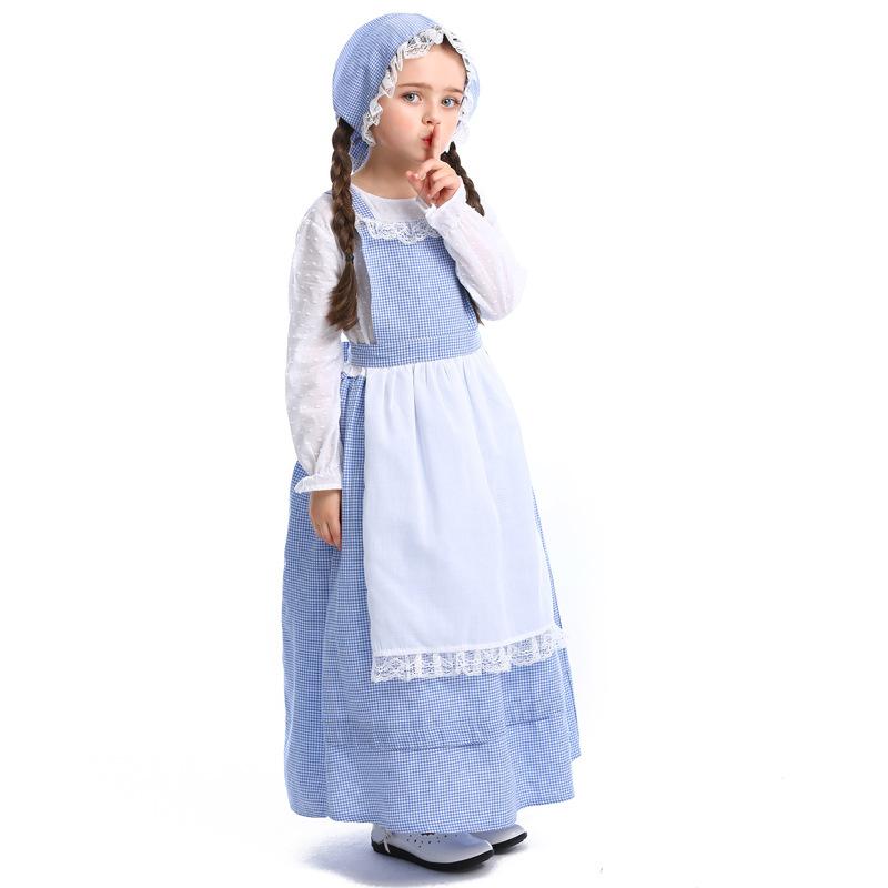 Kinder Mädchen Drama Pastorales Bauernmädchen Spitze Langarm Kleid Schürze Hut Set Kinder Halloween Cosplay Kostüme Rollenspiel Outfit S blau
