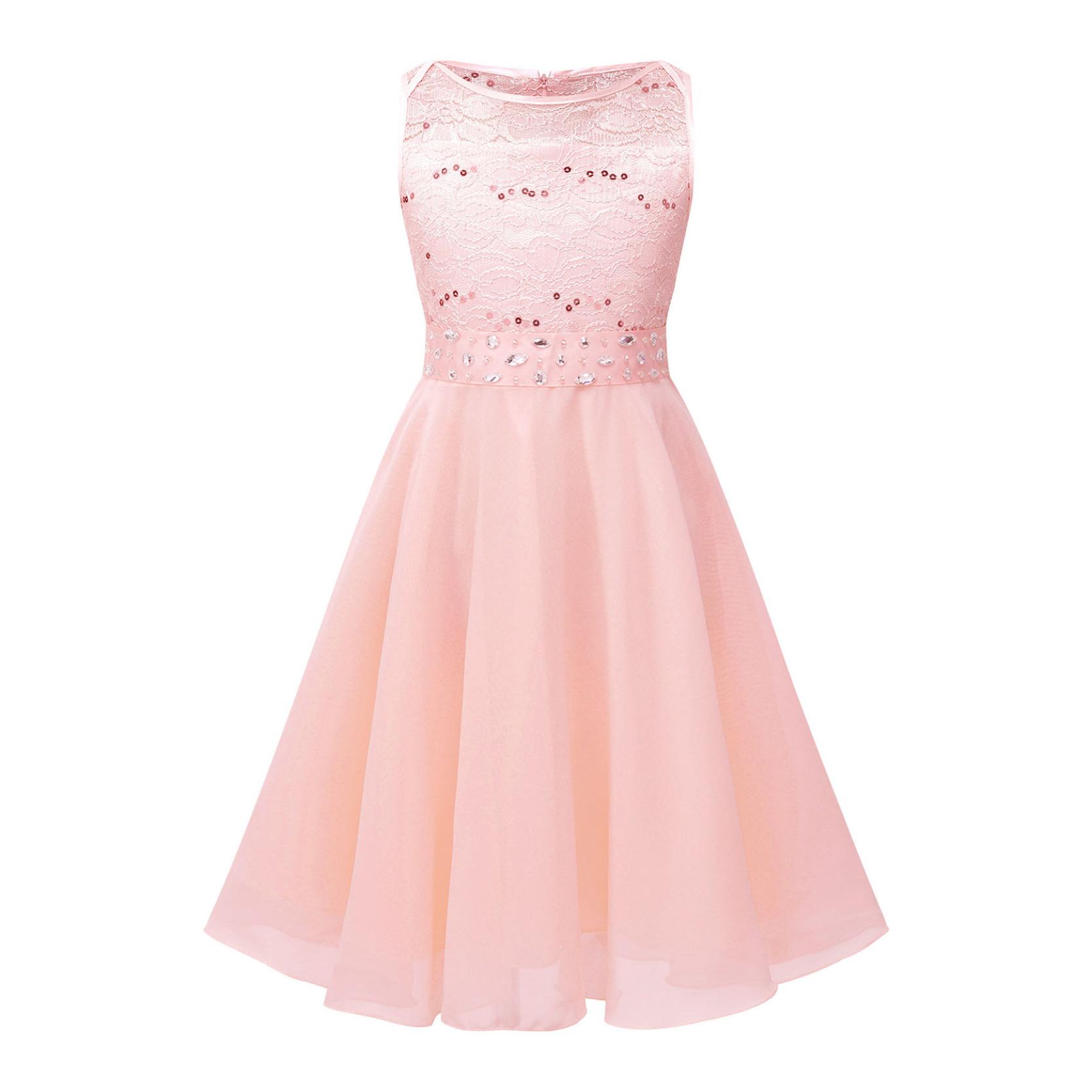 Kinder Mädchen glitzernde Pailletten Spitze Blumenmädchen Brautjungfer Hochzeit Party Kleider ärmellos Chiffon Prinzessin Festzug Ballkleid 7-8 Years rosa
