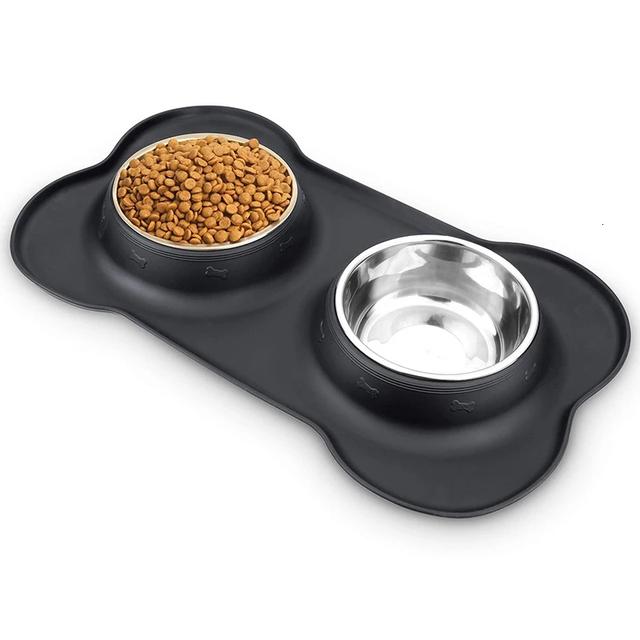 Rutschfester doppelter Hundenapf mit Silikonmatte, langlebiger Wasser-/Futterspender aus Edelstahl, Futter-/Trinknäpfe für Haustiere für Hunde und Katzen S 36x21CM