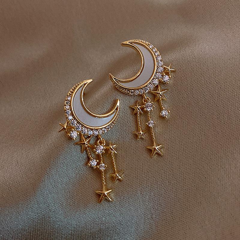 Niedliche Mond-Stern-Anhänger-Ohrringe, Exquisite Mini-Ohrringe, Damenmode-Ohrringe Geschenk gold